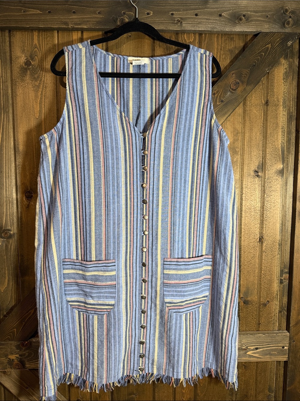 Sleeveless Striped Midi Dress with Front Buttons - Blue Multi cotton linen blend